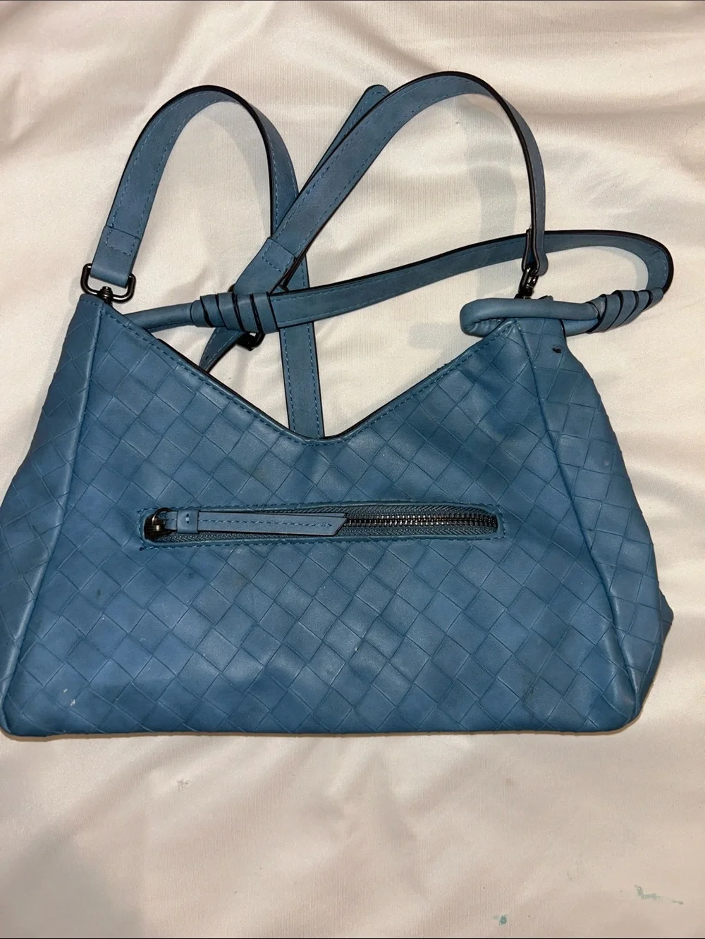 Blue Woven Shoulder Bag with Pastel Tie-Dye Wallet